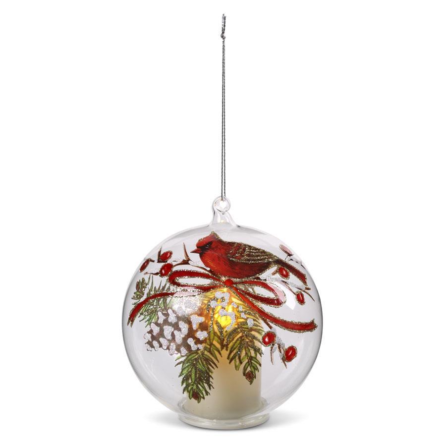 4' Round Clear Glass Cardinal & Pinecone LED Flicker Ornament w/Timer