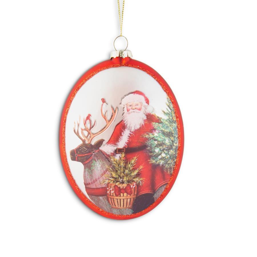 Red Glass Oval Ornament with Santa